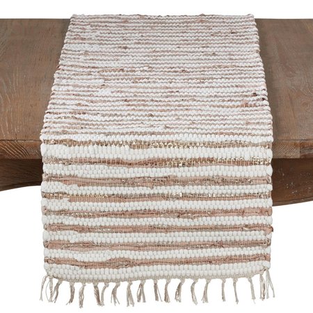 SARO LIFESTYLE SARO  Leather &amp; Cotton Woven Chindi Table Runner  Grey 2129.GL1672B